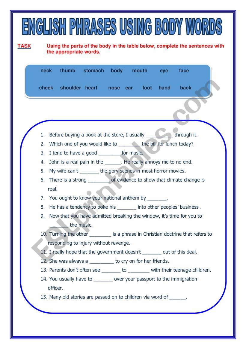 Body Part Phrases worksheet