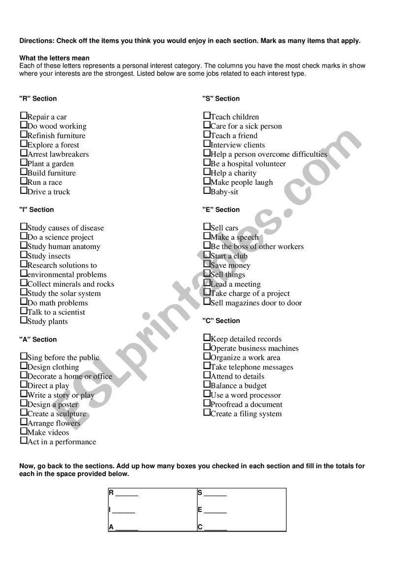 Career test worksheet