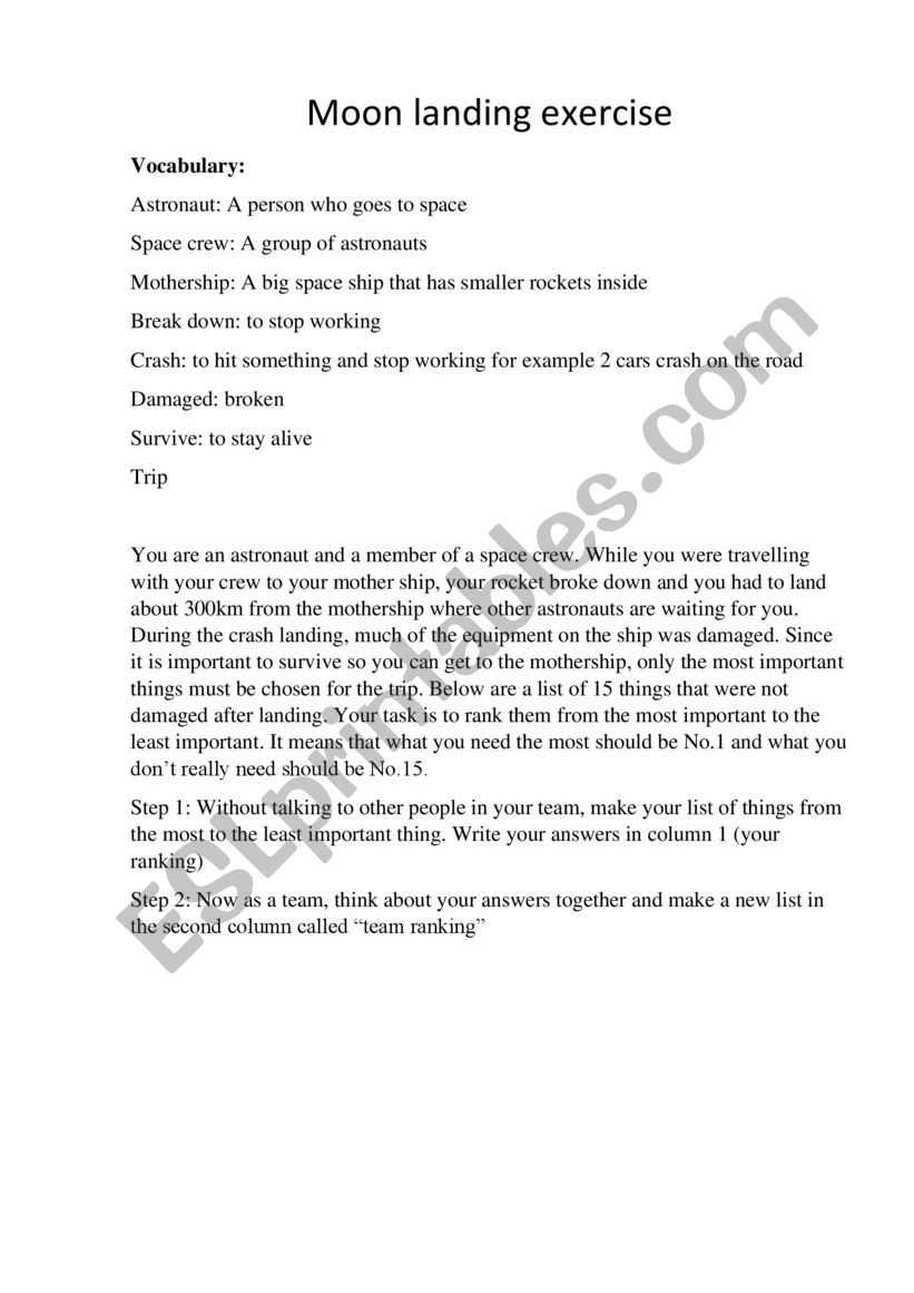 Nasa moonlanding exercise worksheet