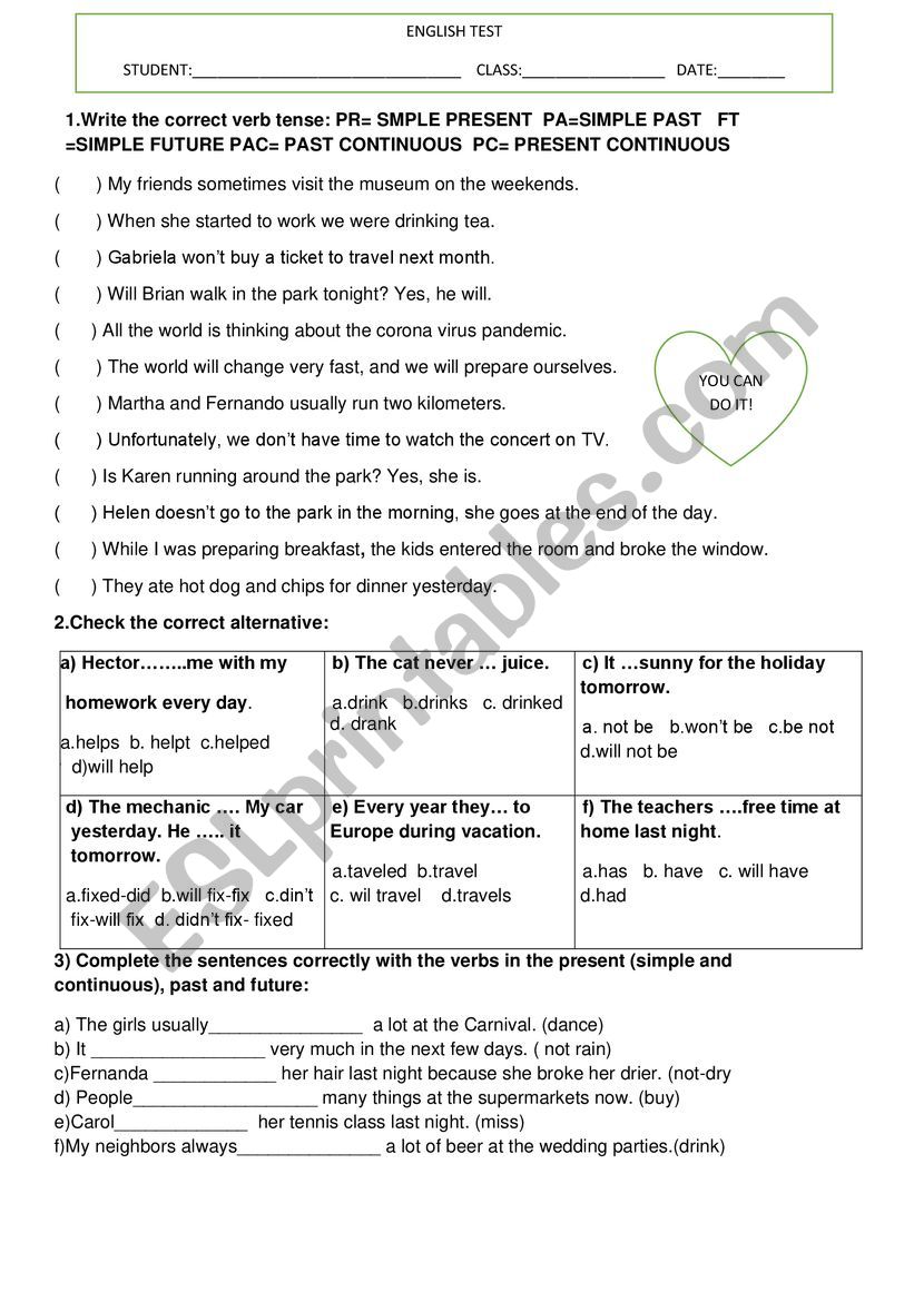 TEST ABOUT VERB TENSES worksheet