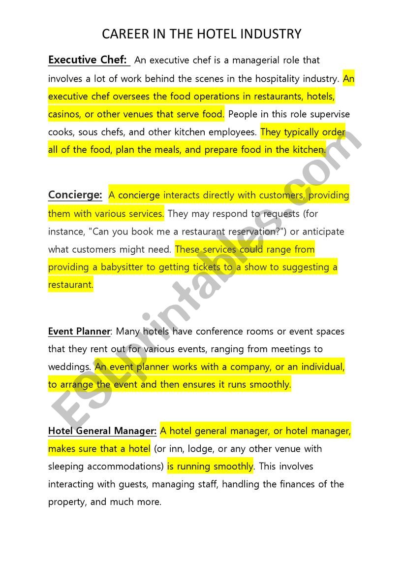 Career in the hotel industry worksheet