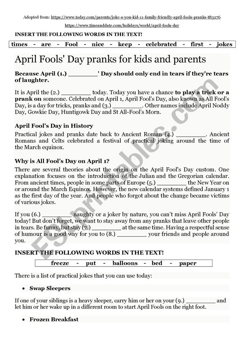 April Foolsï¿½ Day worksheet