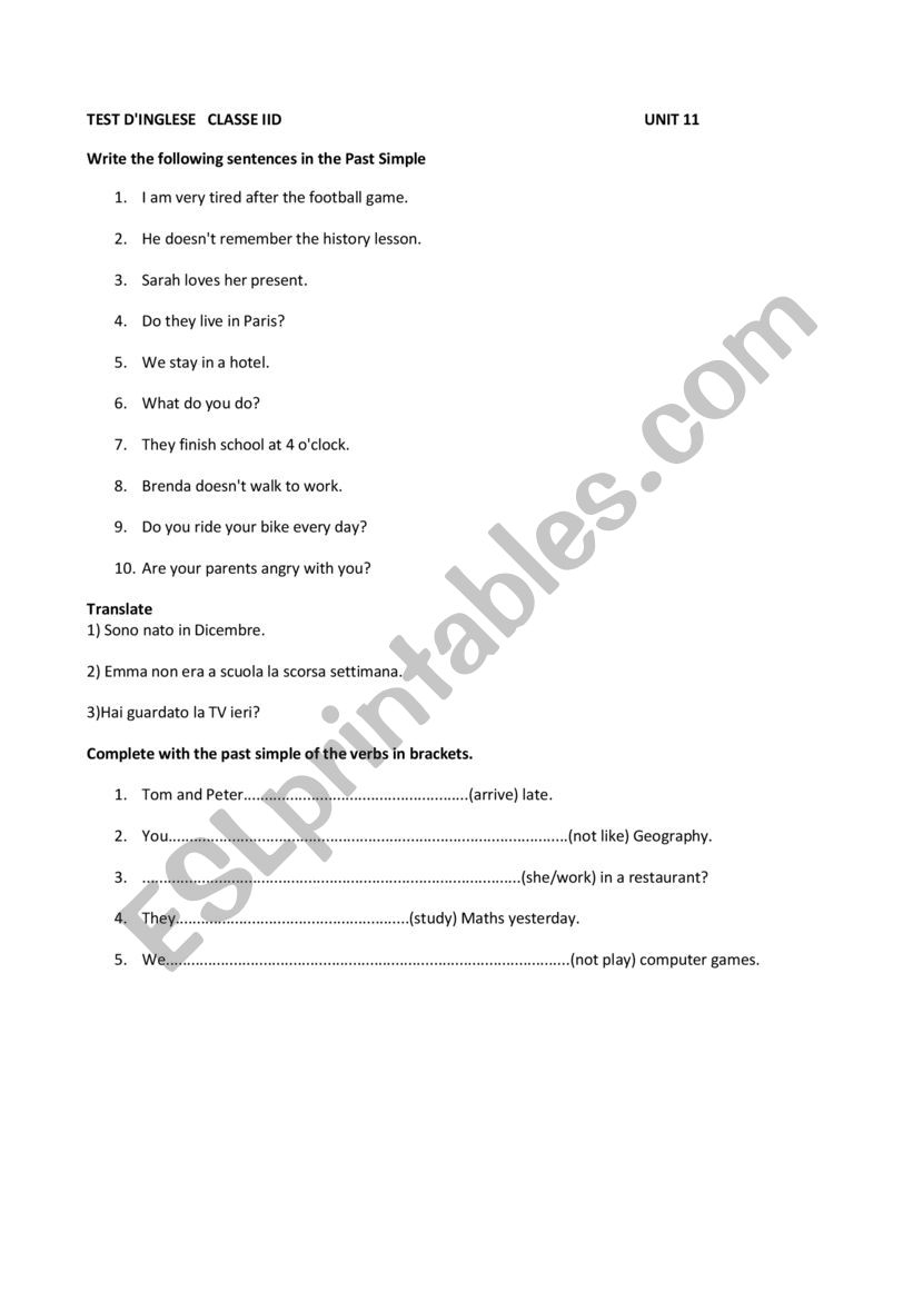 TEST ON SIMPLE PAST worksheet