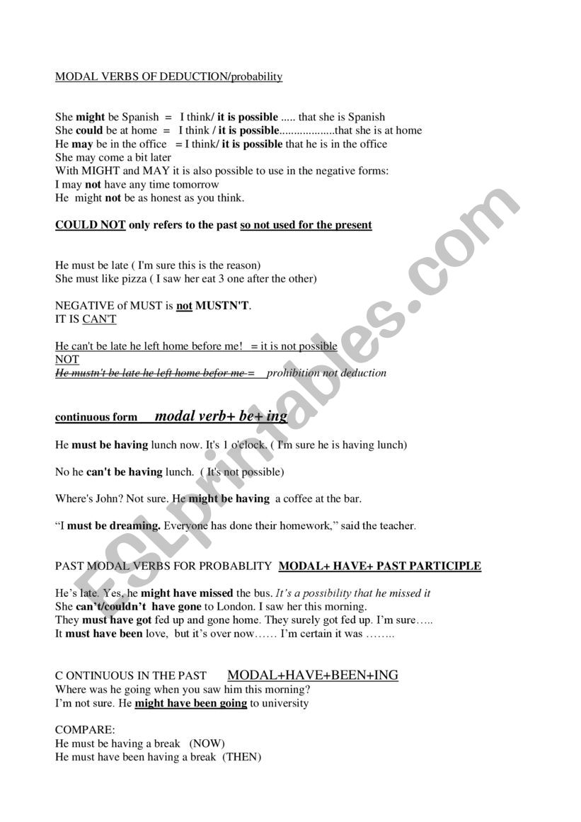 Modal verbs of deduction worksheet