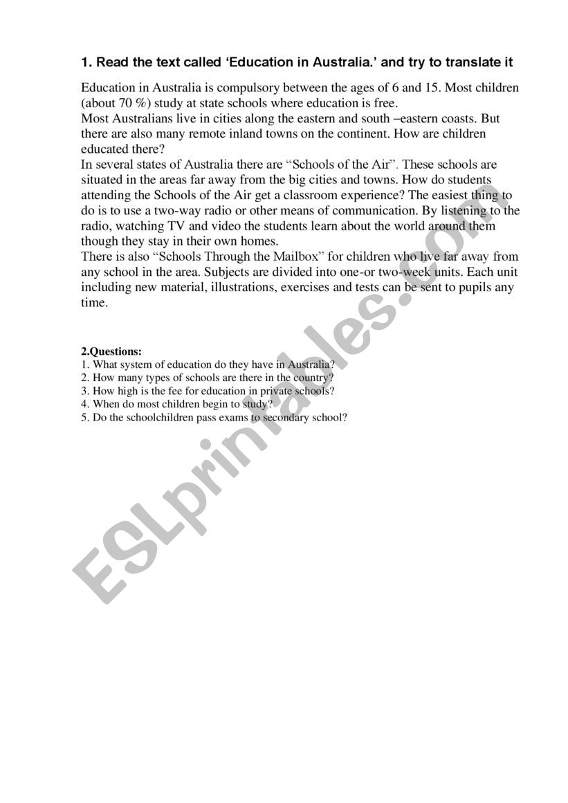 Education in Australia worksheet