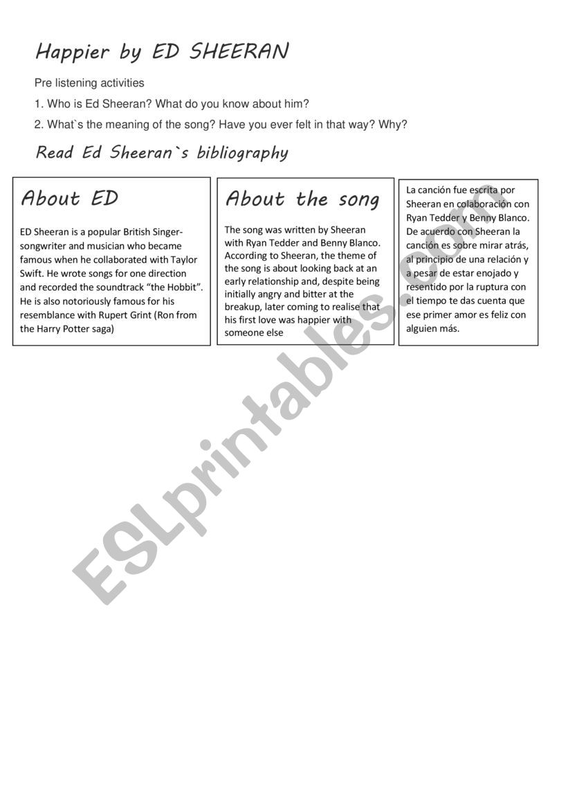 Happier by Ed Sheeran worksheet