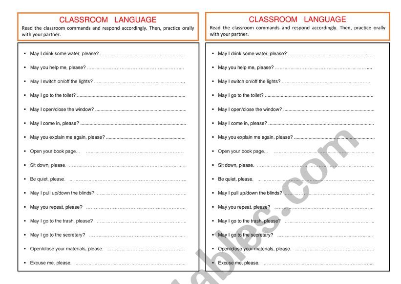 CLASSROOM LANGUAGE  worksheet