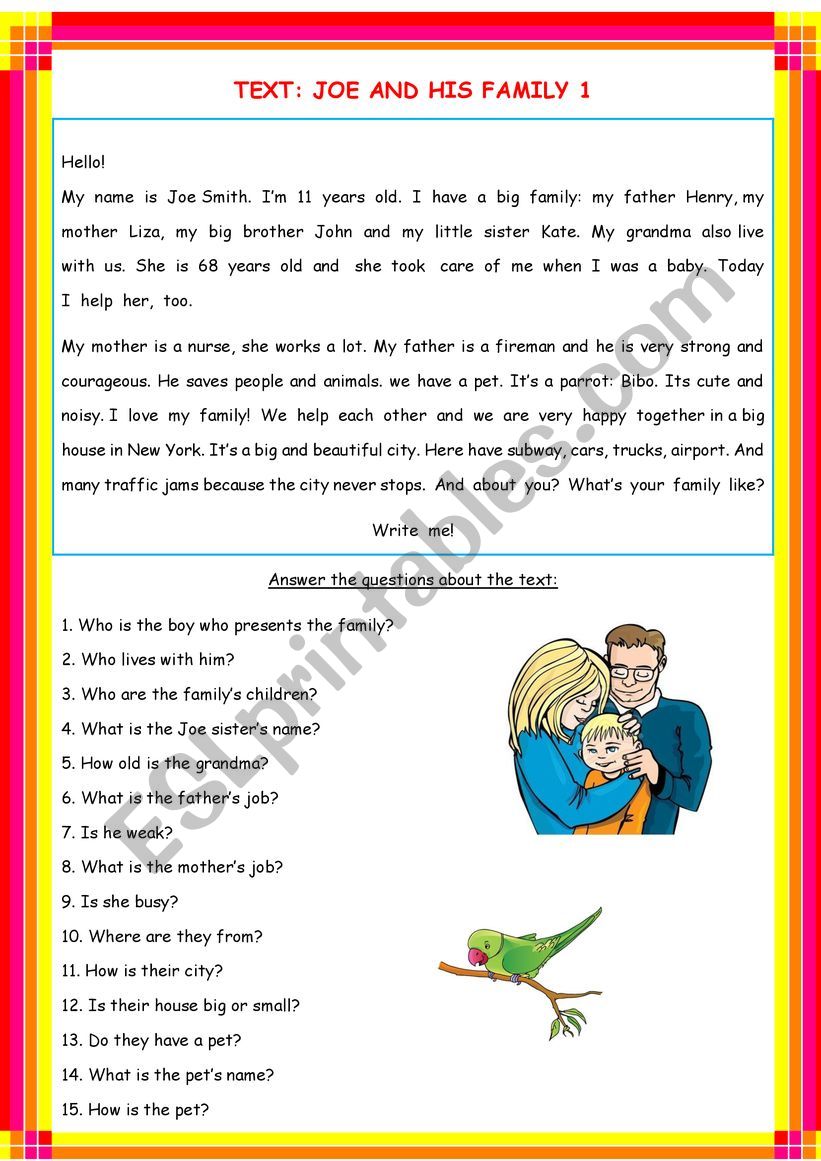 COMPREHENSION TEXT JOE AND HIS FAMILY 1