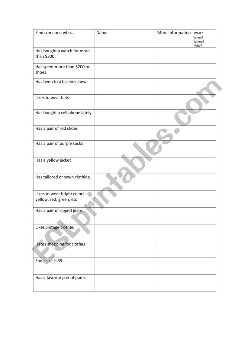 find someone who: fashion worksheet