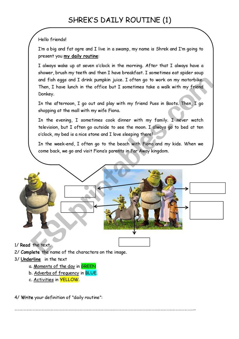 ShrekÂ´s daily routine worksheet