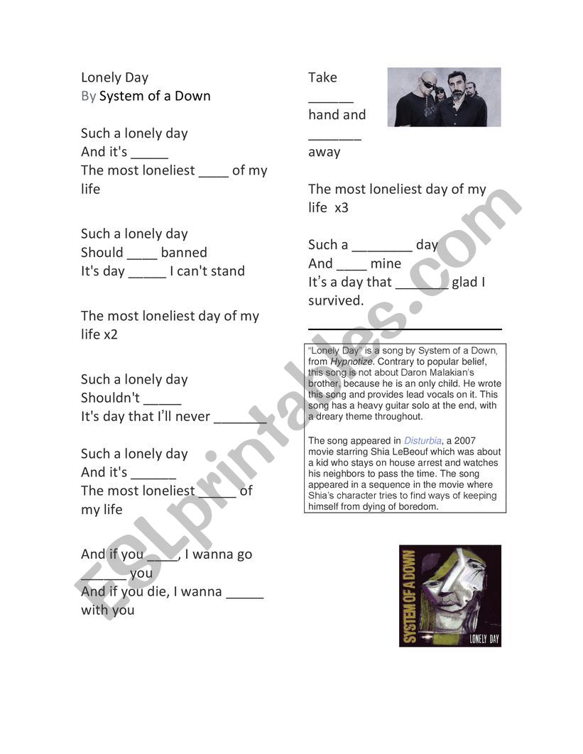 System of a Down - Lonely Day worksheet