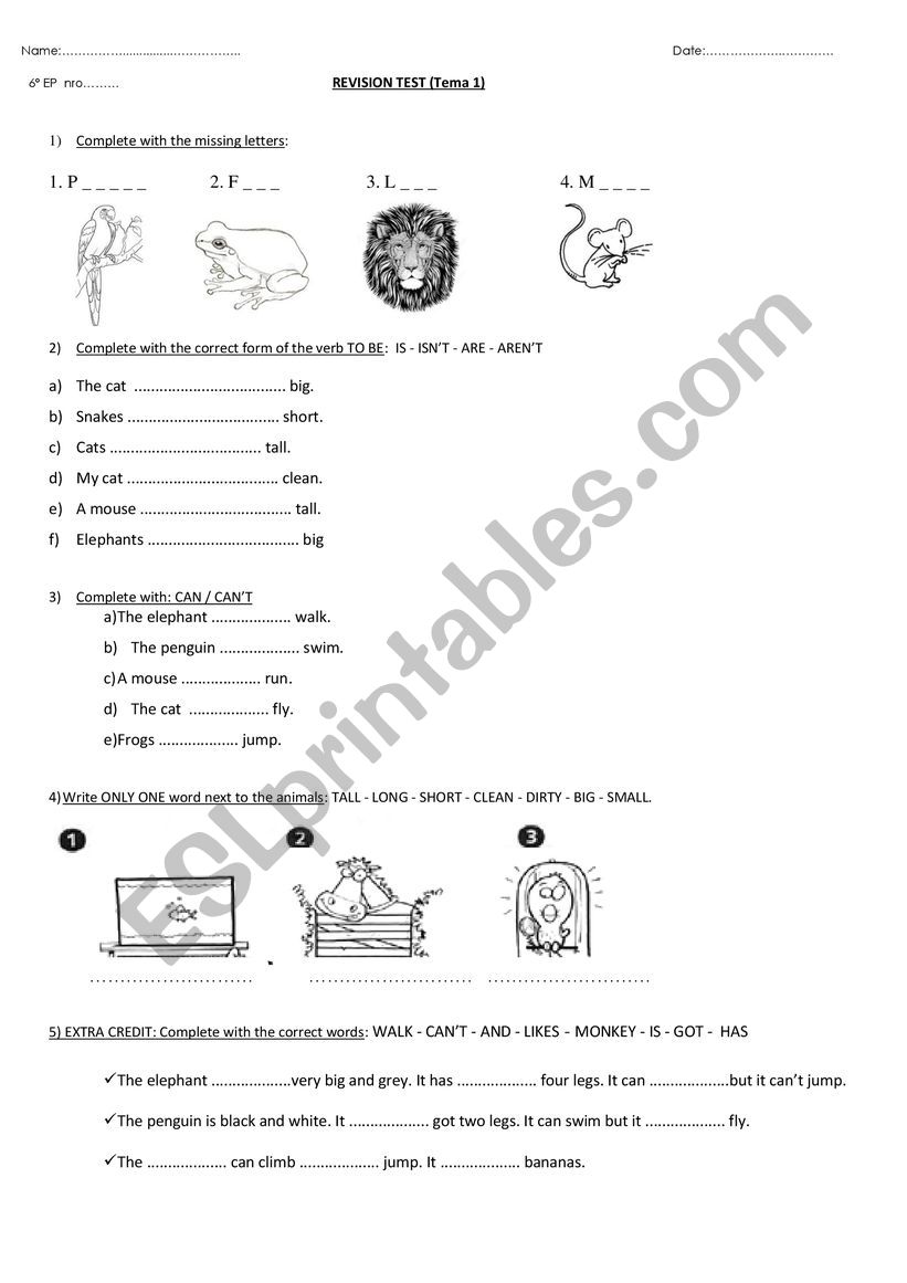 Animals description worksheet