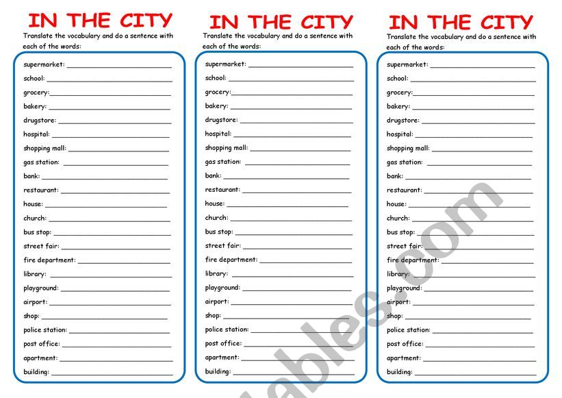 IN THE CITY SENTENCES worksheet