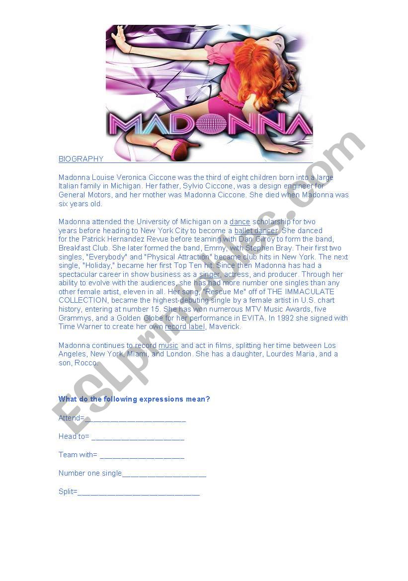 Madonna biography worksheet