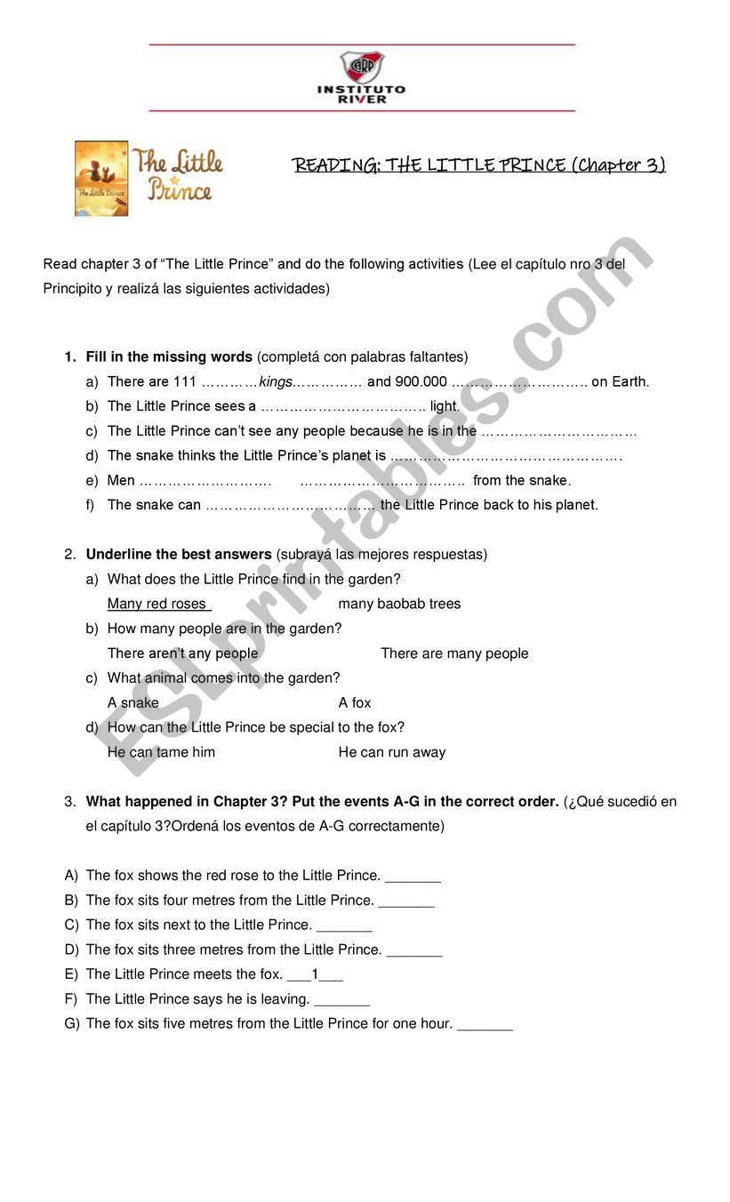 the little prince- chapter 3 worksheet