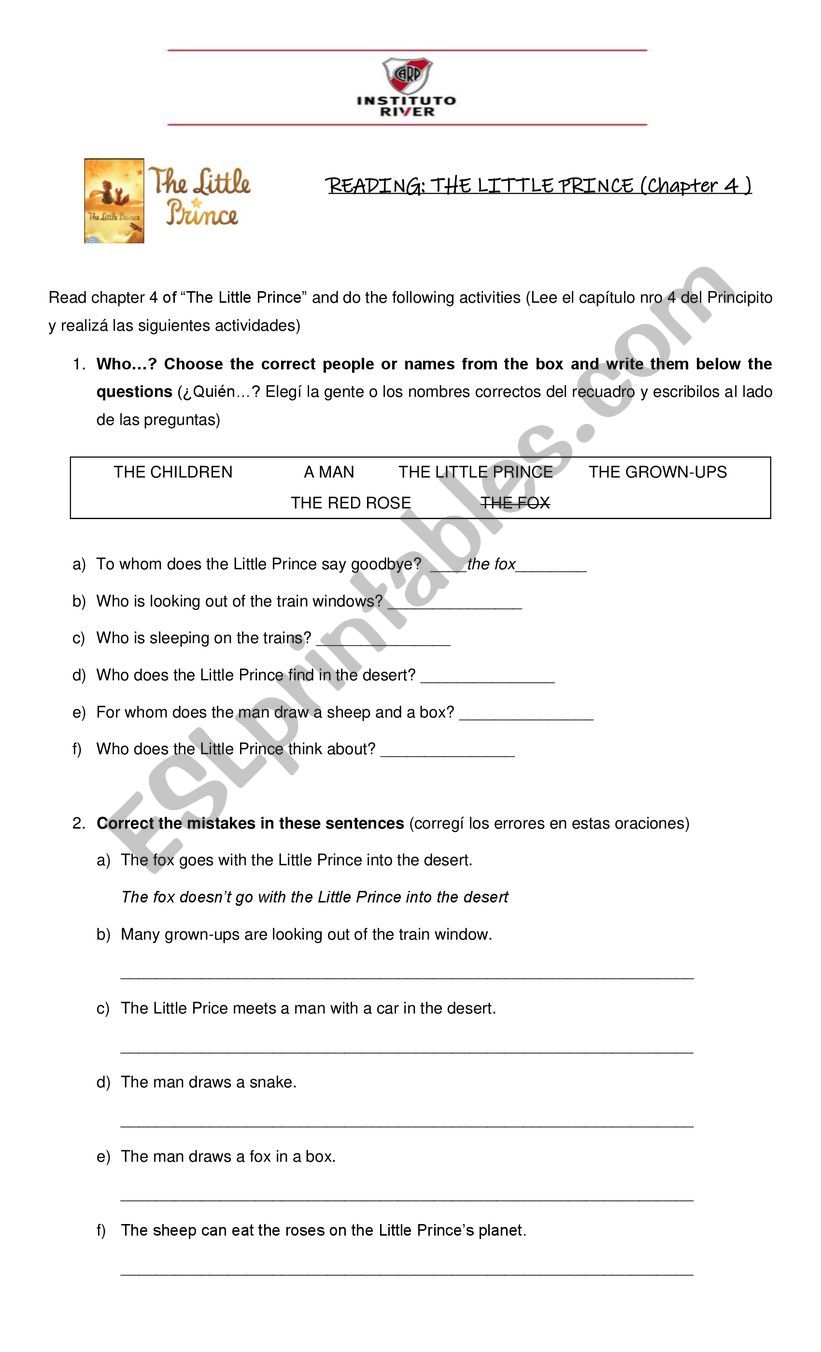 the little prince- chapter 4 worksheet