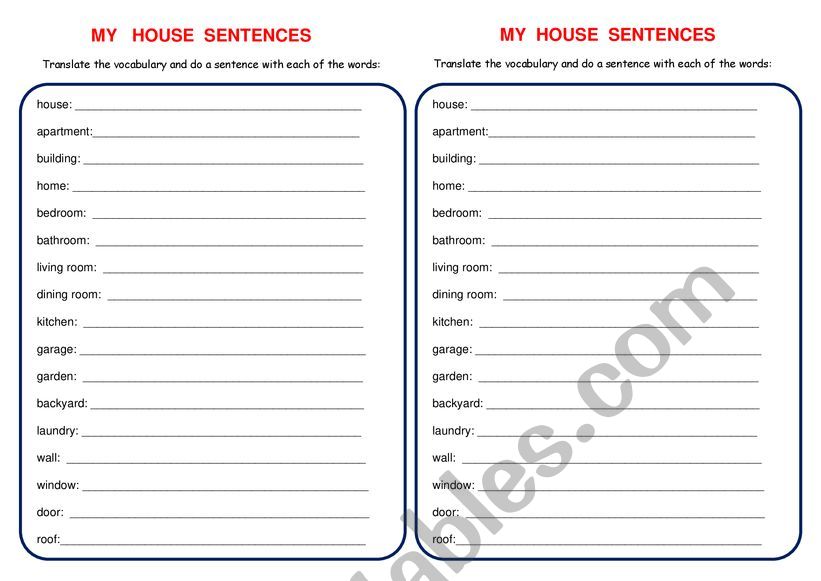  MY HOUSE SENTENCES  worksheet