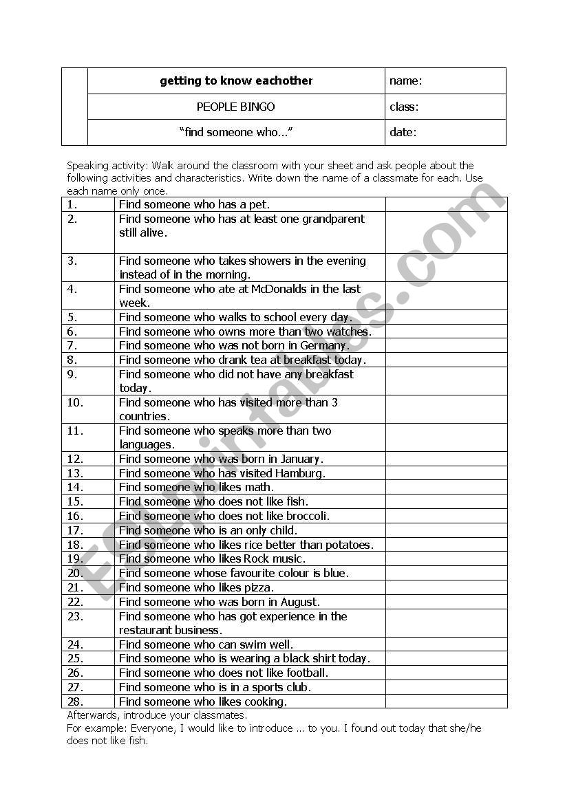 getting to know eachother worksheet