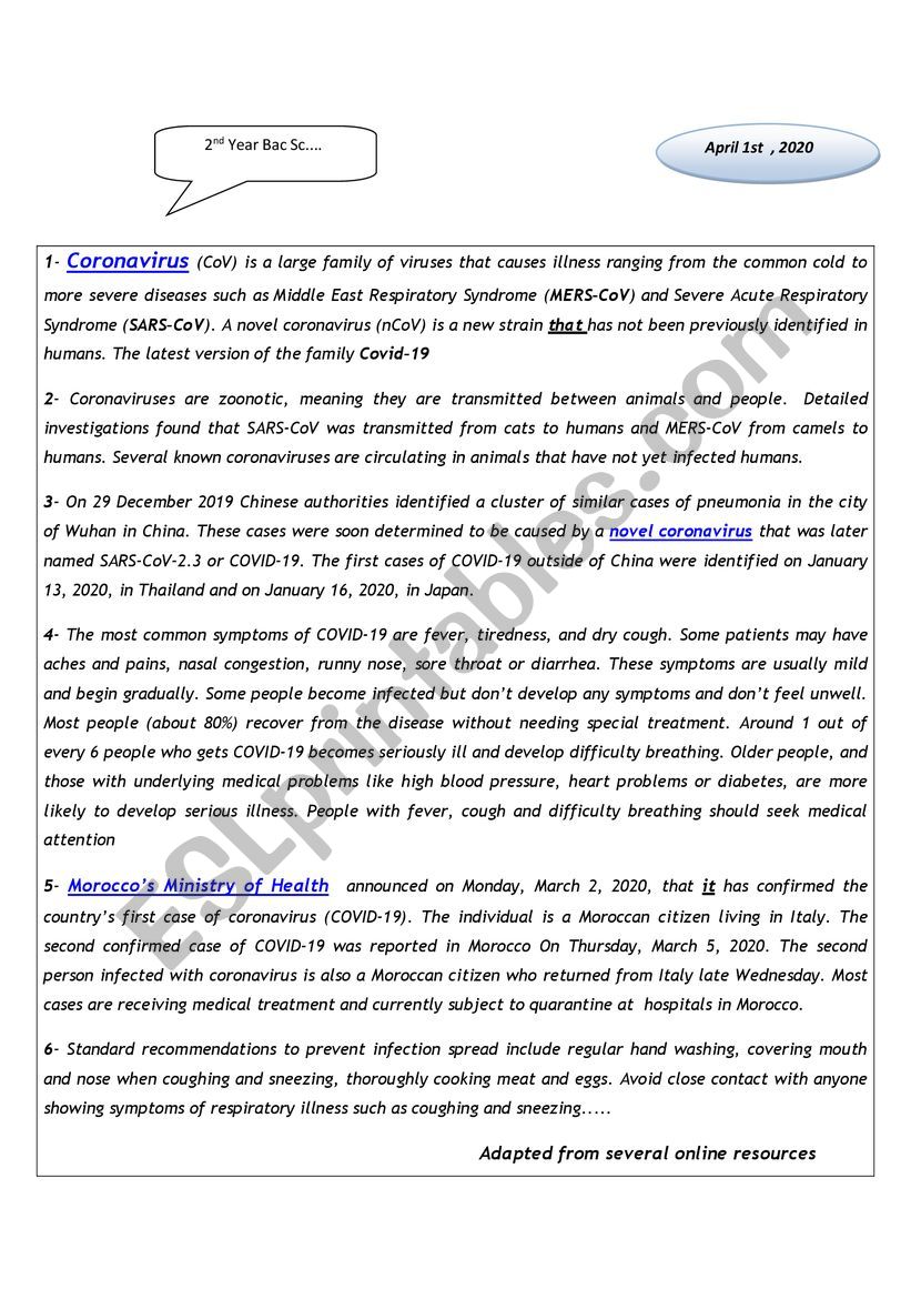 Corona Virus ( Covid 19) worksheet