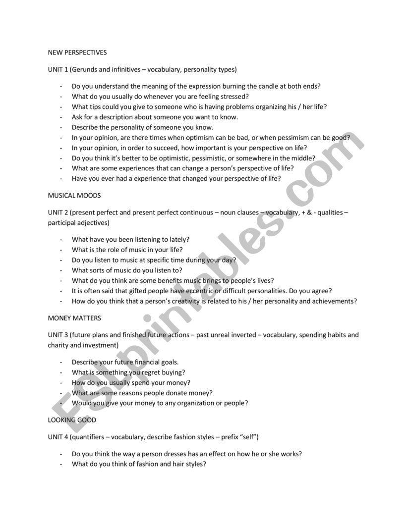 oral test worksheet