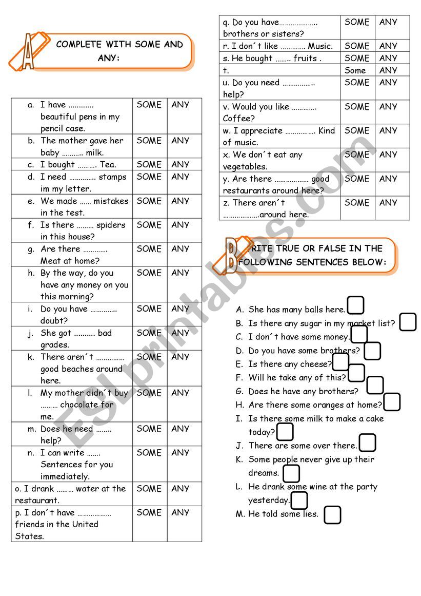 Some and any exercises worksheet