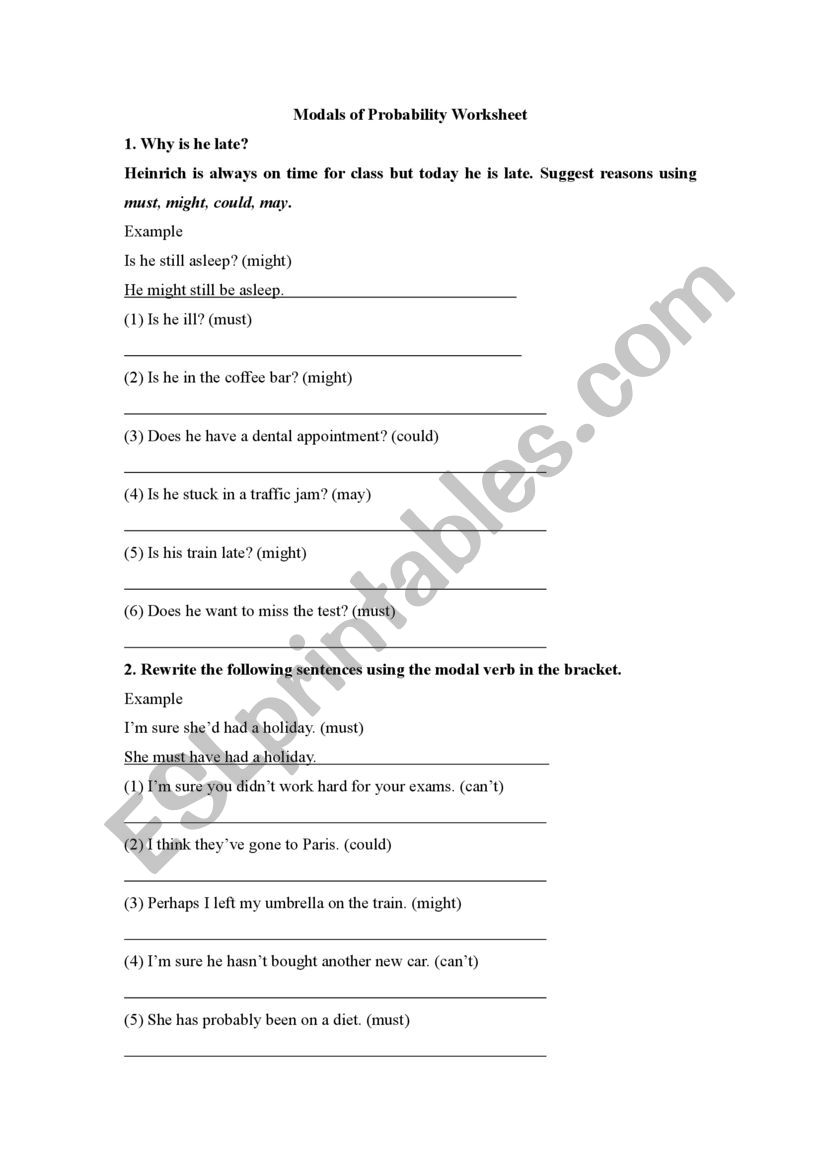 Modal verbs of probability worksheet