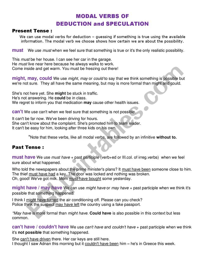 modal verbs of deduction worksheet
