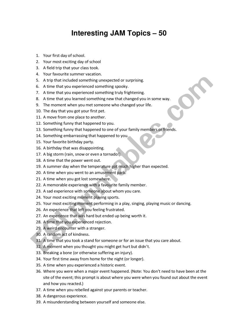 50 Interesting JAM Topics  worksheet