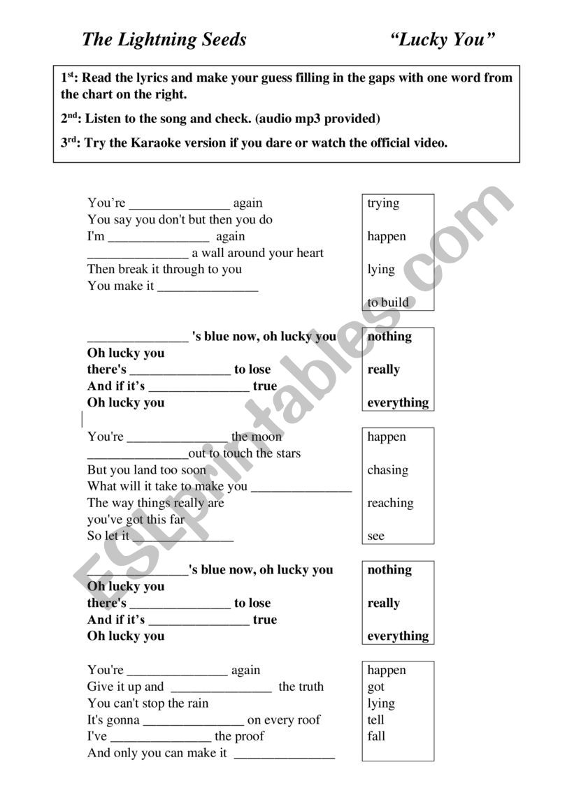 Lucky you worksheet