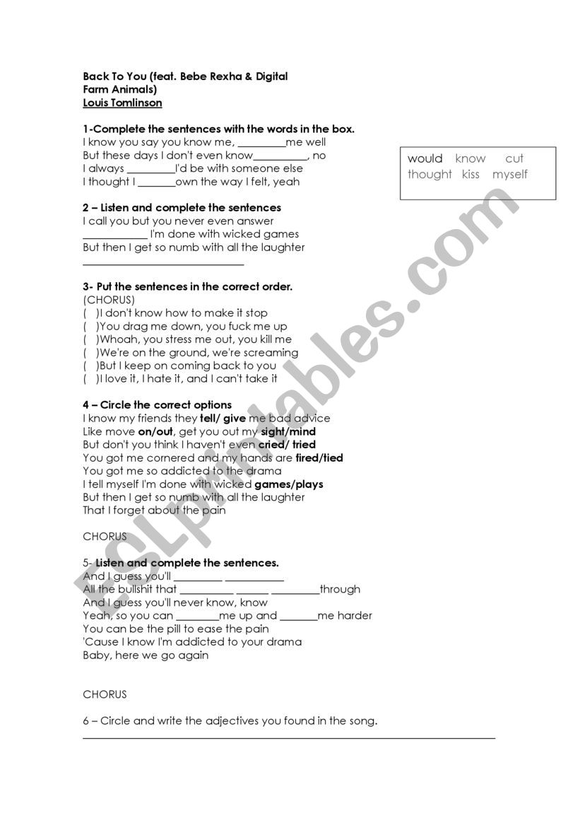 Song Activity  Back to you worksheet
