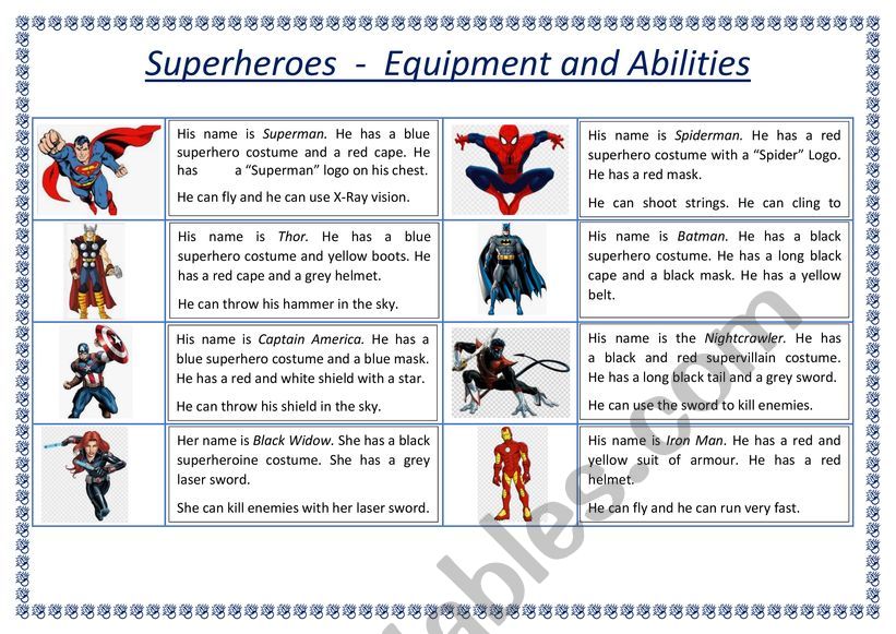SUPERHEROES  -  EQUIPMENT AND ABILITIES