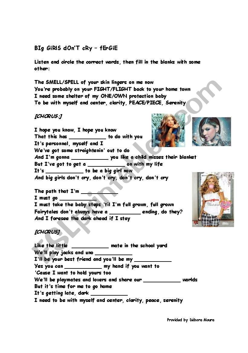 Big Girls Don T Cry Fergie Esl Worksheet By Teacher Debbie