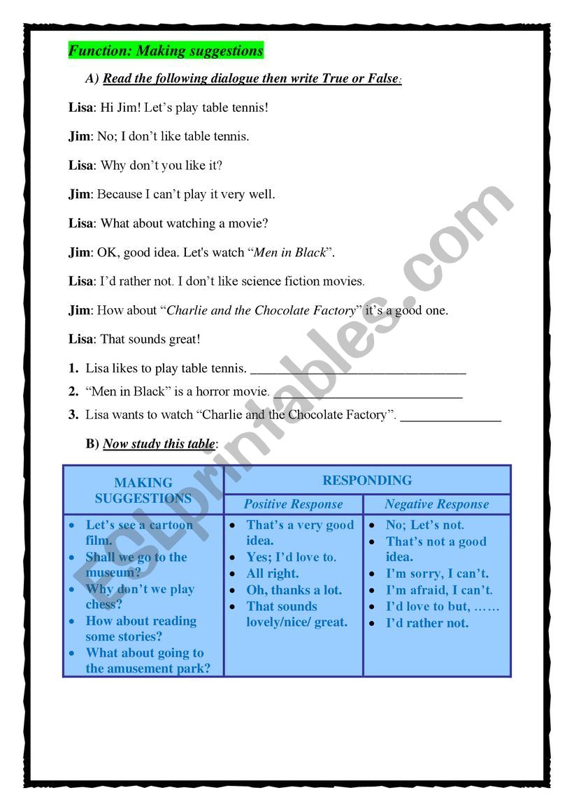 Making suggestions worksheet