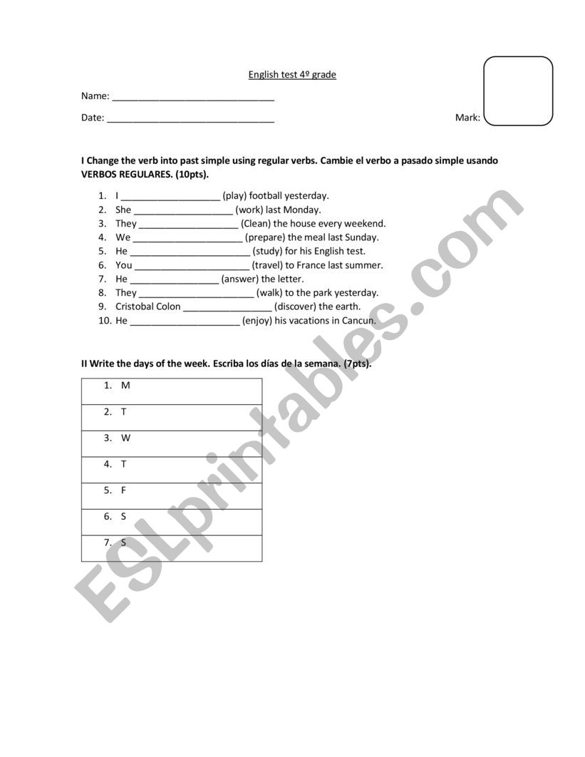 Regular verbs test  worksheet