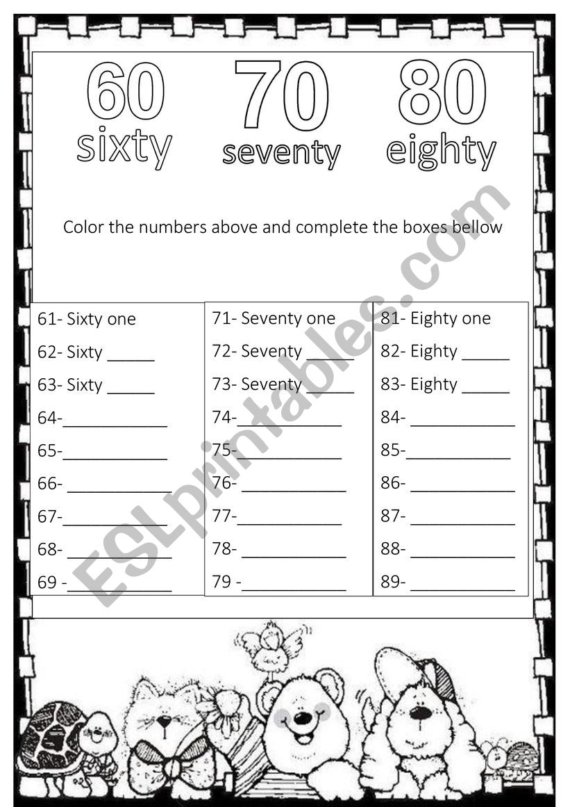 Learning numbers 60 to 80  worksheet