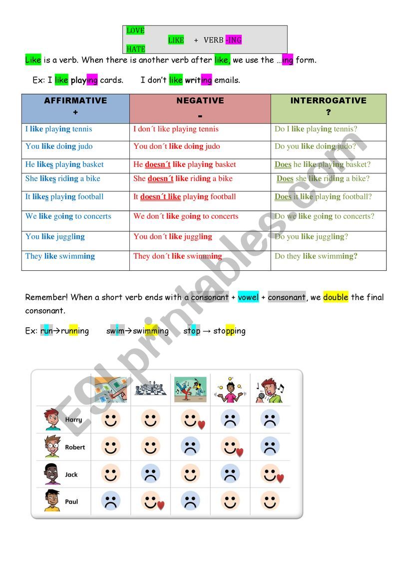 like + ing worksheet