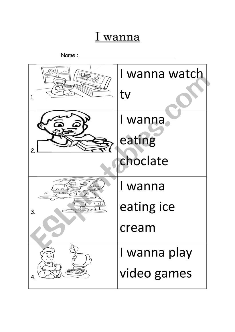 i want to / i wanna worksheet (colouring and writing)