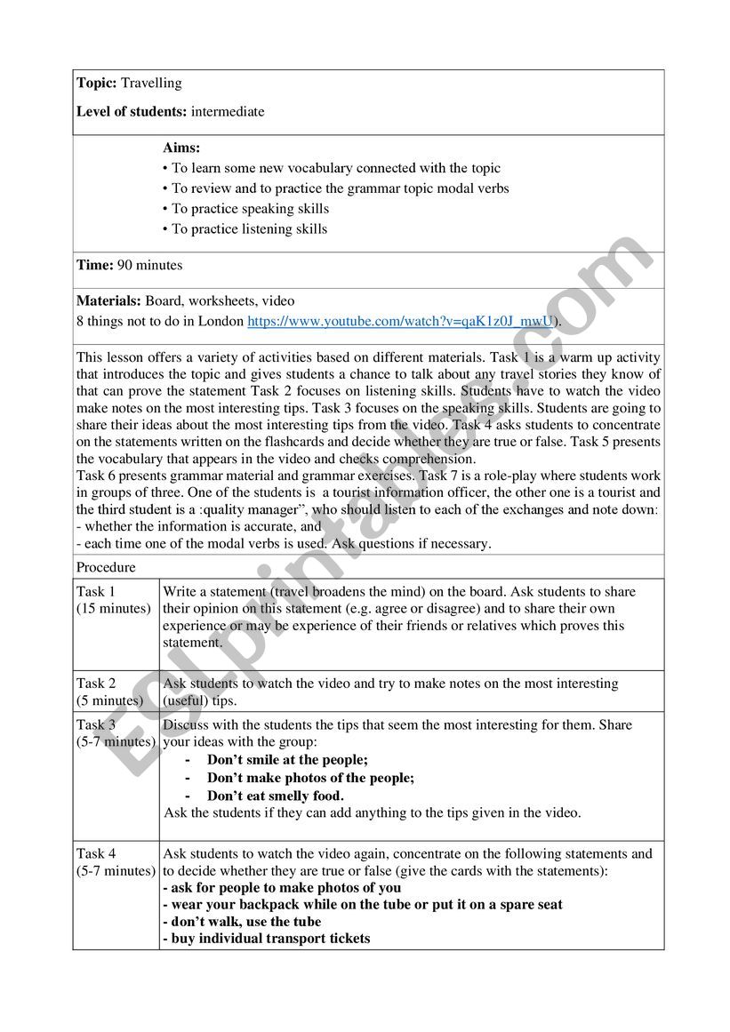 Traveling lesson plan worksheet