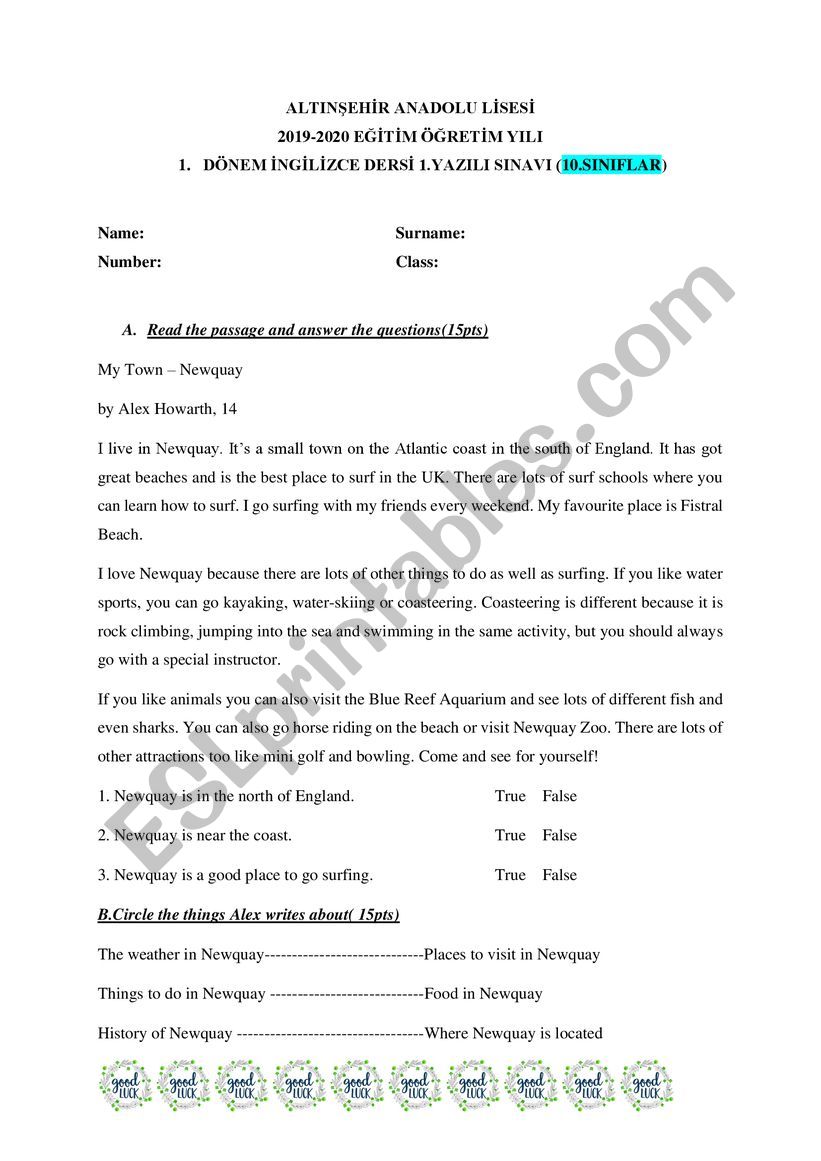 10 th grade exam paper worksheet