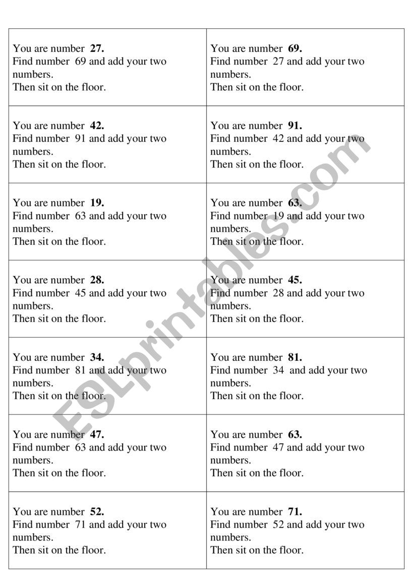 Numbers game worksheet