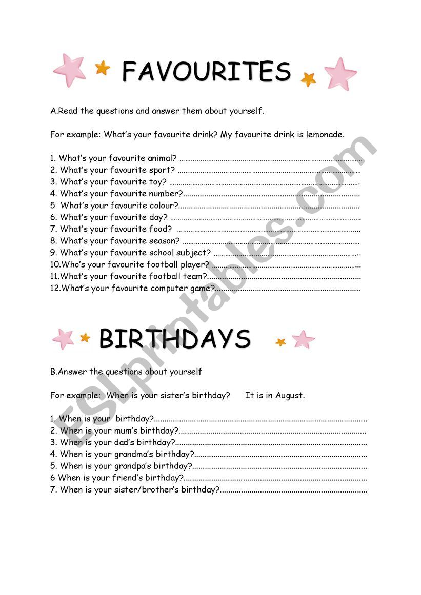   FAVOURITES AND BIRTHDAYS  worksheet