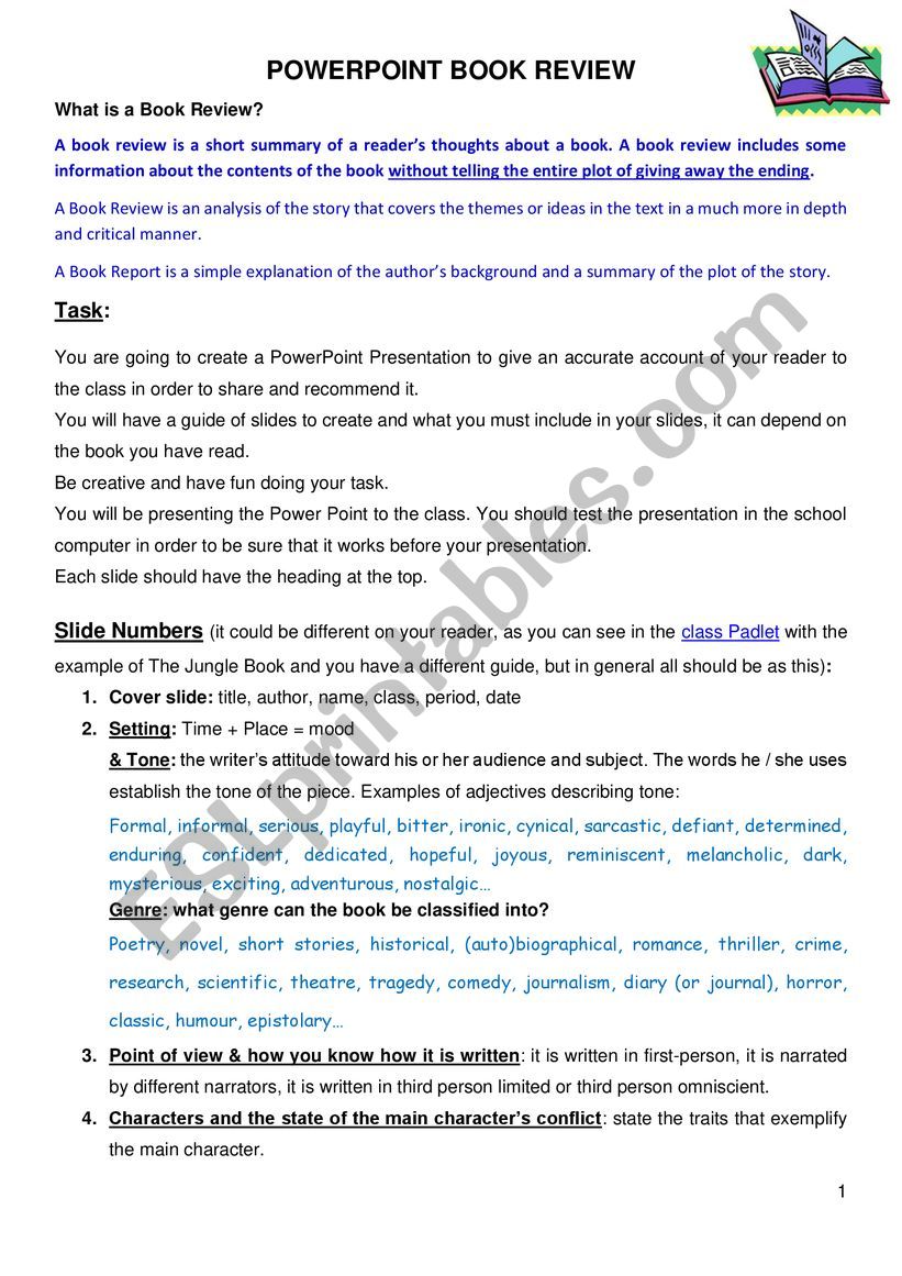 Presentation of a Book Review worksheet