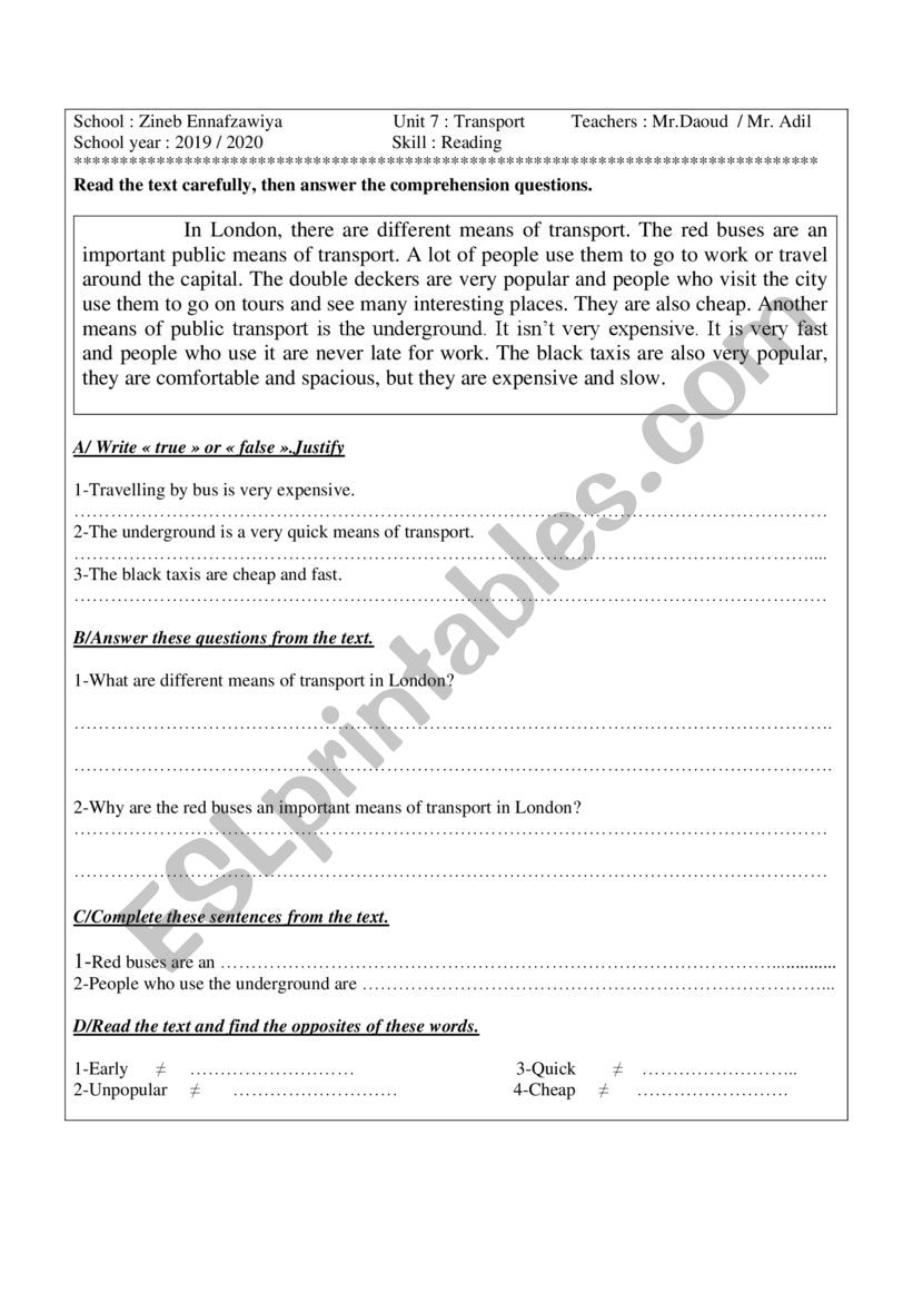 Transport in London  worksheet