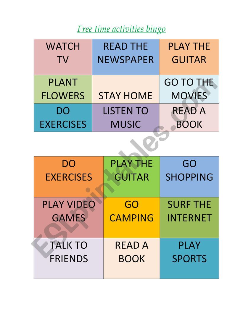 FREE TIME ACTIVITIES BINGO worksheet