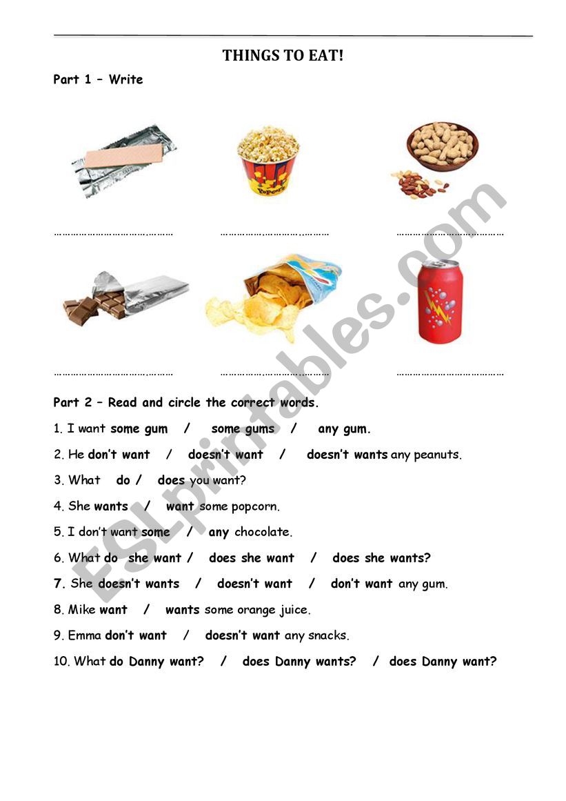 Things to eat worksheet worksheet