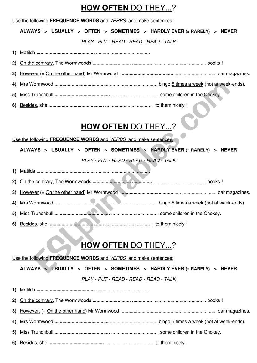 Matilda frequency adverbs worksheet