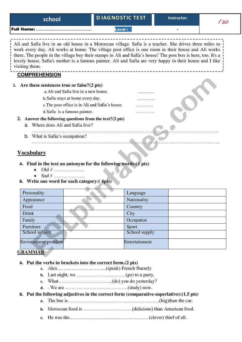 test worksheet