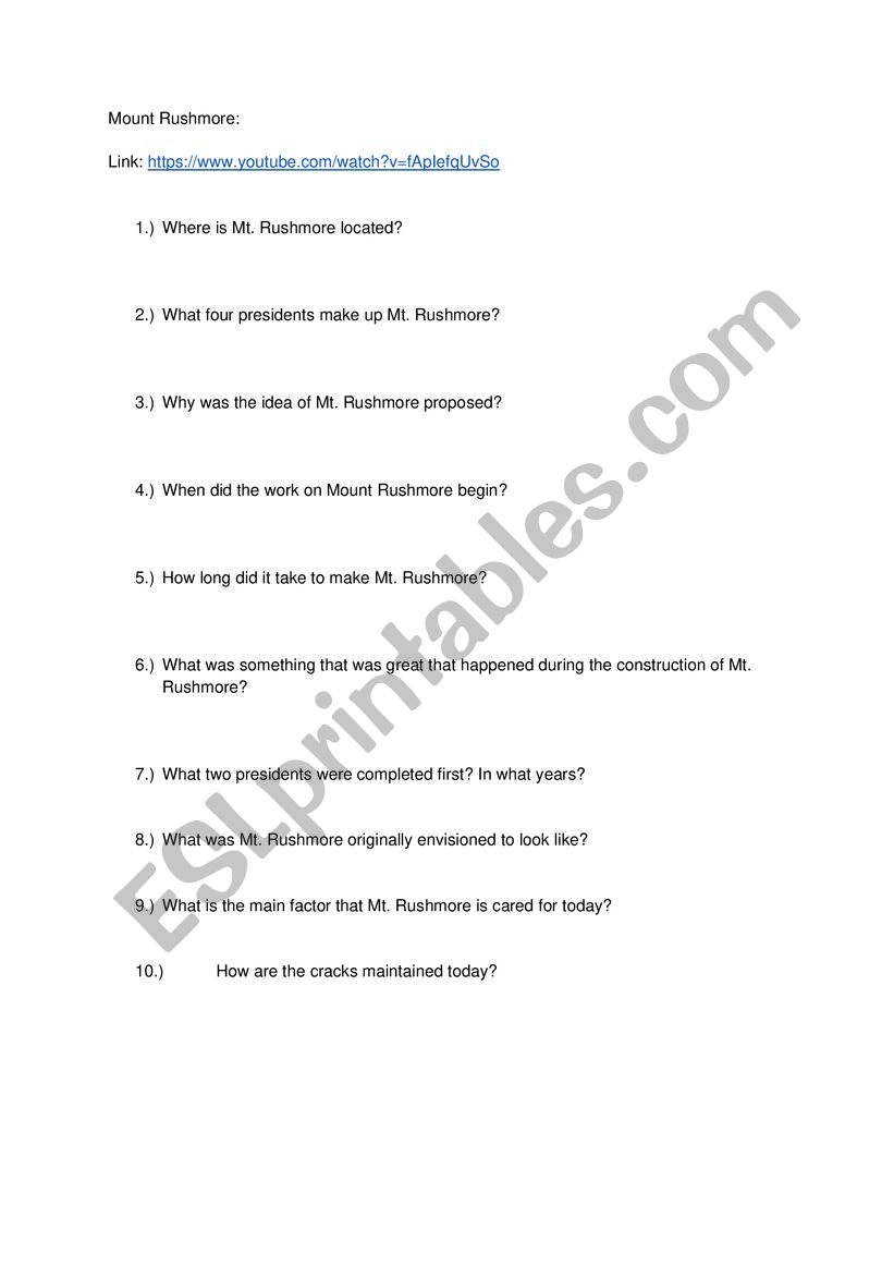 Mount Rushmore  worksheet