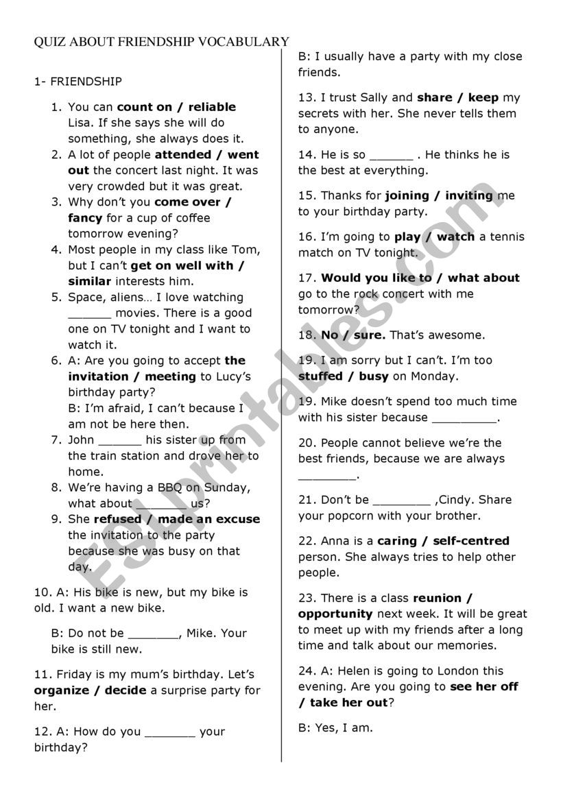 Friendship vocabulary worksheet