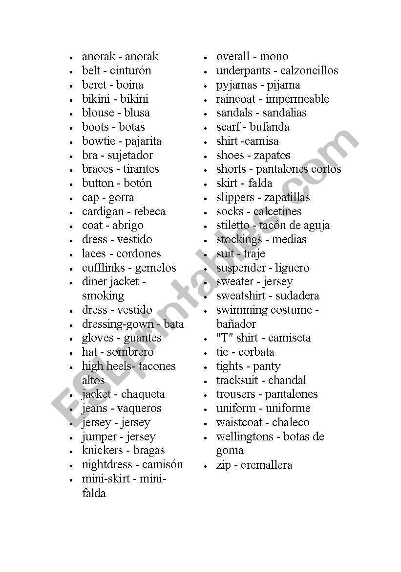 clothes worksheet